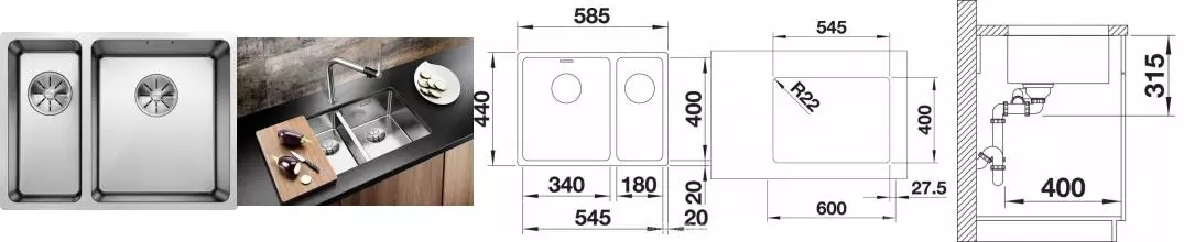 Мойка для кухни «Blanco» Andano 522977 340/180-U 59/44 нержавеющая сталь правая Мойка для кухни «Blanco» Andano 522977 340/180-U 59/44 нержавеющая сталь правая