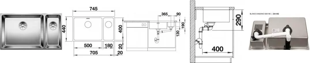 Мойка для кухни «Blanco» Andano 500/180-U 75/44 нержавеющая сталь нержавеющая сталь левая