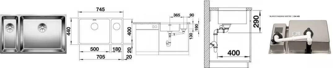 Мойка для кухни «Blanco» Andano 500/180-U 75/44 нержавеющая сталь нержавеющая сталь правая