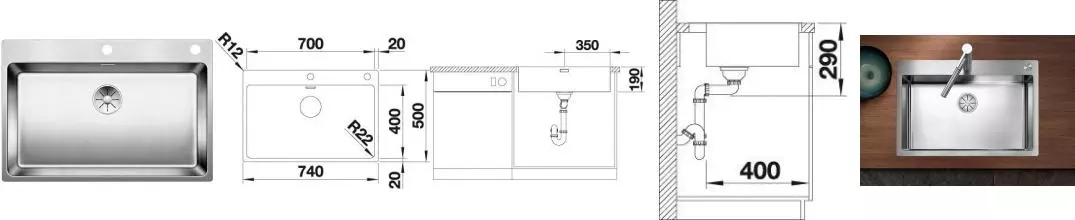 Мойка для кухни «Blanco» Andano 700-IF/A 74/50 (клапан-автомат PushControl) нержавеющая сталь нержавеющая сталь 