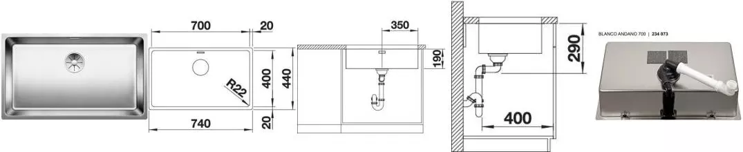 Мойка для кухни «Blanco» Andano 700-U 74/44 нержавеющая сталь нержавеющая сталь 