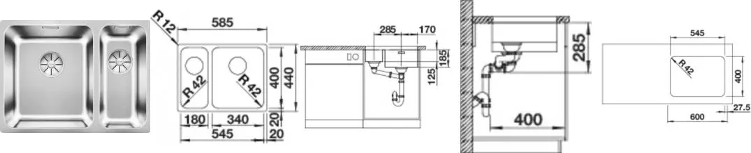 Мойка для кухни «Blanco» Solis 340/180-U 59/44 L нержавеющая сталь нержавеющая сталь левая