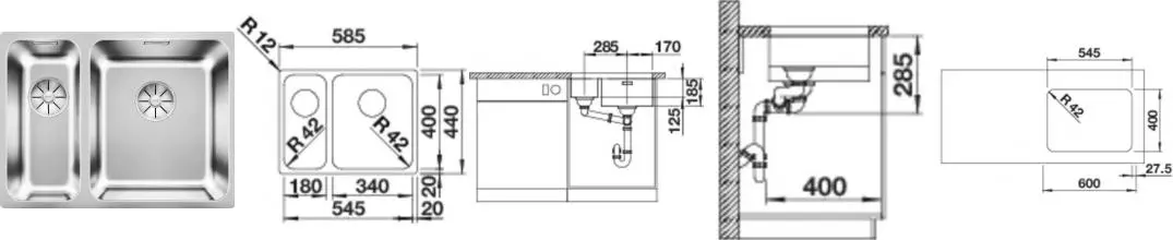Мойка для кухни «Blanco» Solis 340/180-U 59/44 R нержавеющая сталь нержавеющая сталь правая