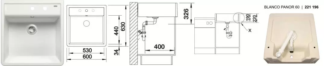 Мойка для кухни «Blanco» Panor 60 Ceramic 60/63 c двумя отвер. керамика белый
