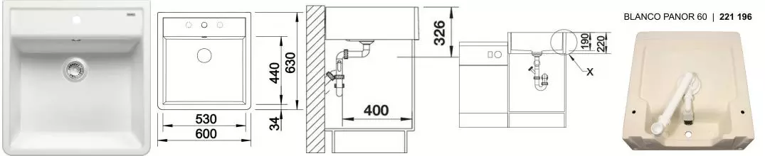 Мойка для кухни «Blanco» Panor 60 Ceramic 60/63 c одним отвер. керамика белый