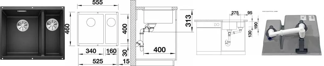 Мойка для кухни «Blanco» Subline 340/160-U 56/46 L искусственный камень антрацит левая