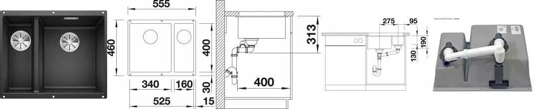 Мойка для кухни «Blanco» Subline 340/160-U 56/46 R искусственный камень антрацит правая