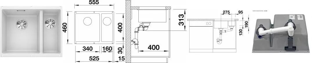 Мойка для кухни «Blanco» Subline 340/160-U 56/46 L искусственный камень белый левая