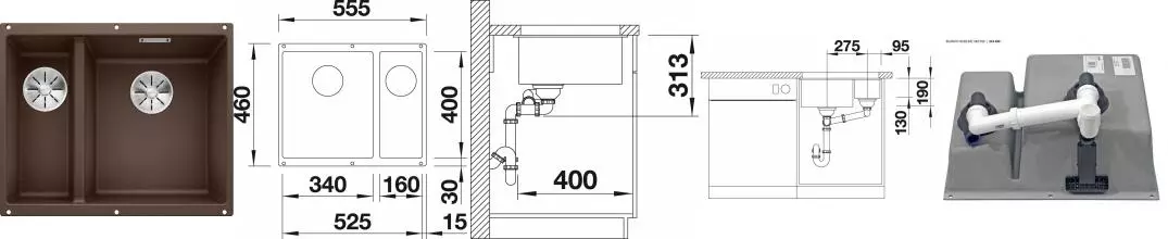 Мойка для кухни «Blanco» Subline 340/160-U 56/46 R искусственный камень кофе правая