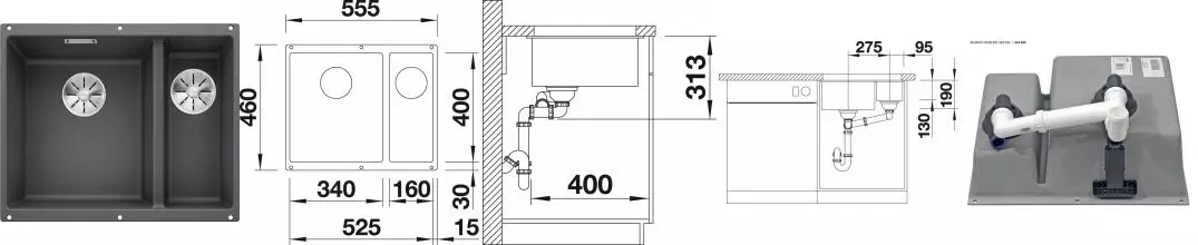 Мойка для кухни «Blanco» Subline 340/160-U 56/46 L искусственный камень тёмная скала левая
