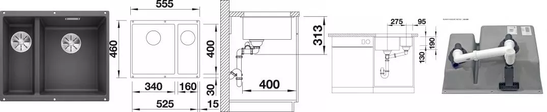 Мойка для кухни «Blanco» Subline 340/160-U 56/46 R искусственный камень темная скала правая