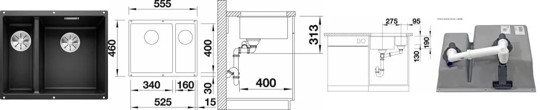 Мойка для кухни «Blanco» Subline 340/160-U 56/46 R искусственный камень черный правая
