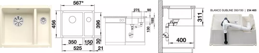 Мойка для кухни «Blanco» Subline 350/150-U Ceramic 57/46 искусственный камень глянцевый магнолия Мойка для кухни «Blanco» Subline 350/150-U Ceramic 57/46 искусственный камень глянцевый магнолия