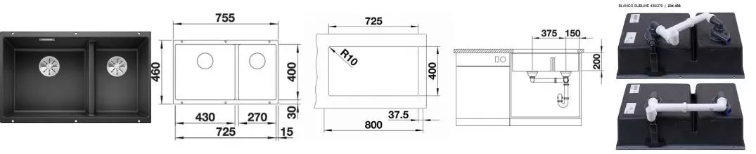 Мойка для кухни «Blanco» Subline 430/270-U 76/46 искусственный камень антрацит Мойка для кухни «Blanco» Subline 430/270-U 76/46 искусственный камень антрацит