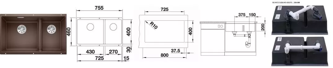 Мойка для кухни «Blanco» Subline 430/270-U 76/46 искусственный камень кофе Мойка для кухни «Blanco» Subline 430/270-U 76/46 искусственный камень кофе