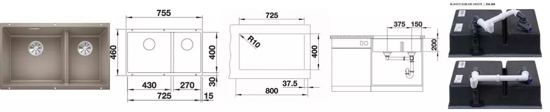 Мойка для кухни «Blanco» Subline 430/270-U 76/46 искусственный камень серый беж
