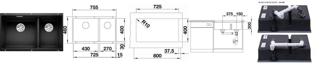 Мойка для кухни «Blanco» Subline 430/270-U 76/46 искусственный камень черный Мойка для кухни «Blanco» Subline 430/270-U 76/46 искусственный камень черный