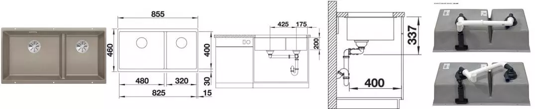 Мойка для кухни «Blanco» Subline 480/320-U 86/46 искусственный камень серый беж Мойка для кухни «Blanco» Subline 480/320-U 86/46 искусственный камень серый беж