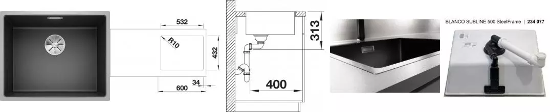 Мойка для кухни «Blanco» Subline 500-IF SteelFrame 55/45 нержавеющая сталь/silgranit антрацит