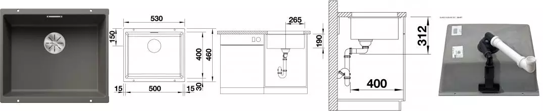 Мойка для кухни «Blanco» Subline 500-U 53/46 искусственный камень вулканический серый