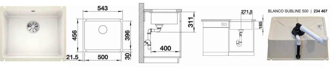Мойка для кухни «Blanco» Subline 500-U Ceramic 55/46 керамика глянцевый белый