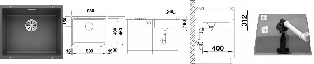 Мойка для кухни «Blanco» Subline 500-U 53/46 искусственный камень тёмная скала