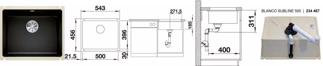 Мойка для кухни «Blanco» Subline 500-U Ceramic 55/46 керамика чёрный