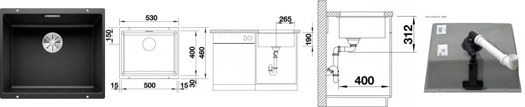 Мойка для кухни «Blanco» Subline 500-U 53/46 искусственный камень чёрный