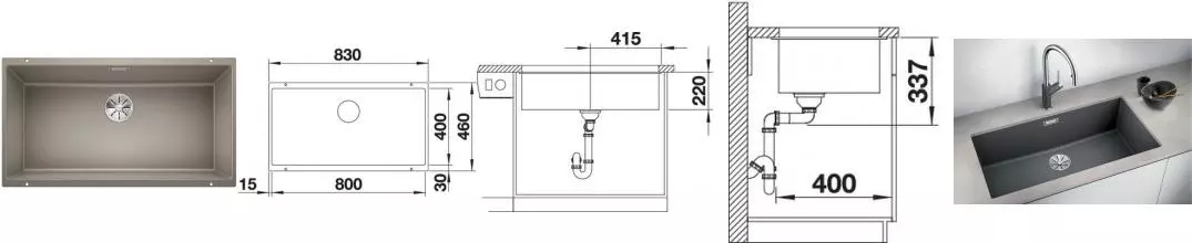 Мойка для кухни «Blanco» Subline 800-U InFino 83/46 искусственный камень серый беж