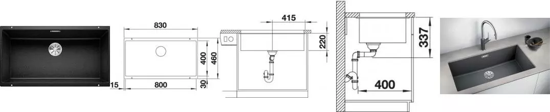 Мойка для кухни «Blanco» Subline 800-U InFino 83/46 искусственный камень чёрный