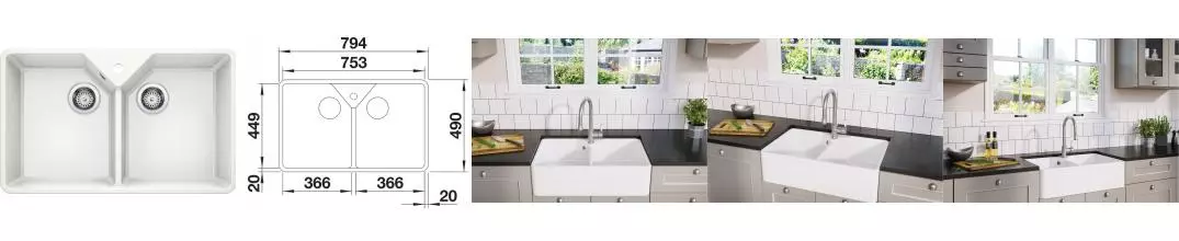 Мойка для кухни «Blanco» Villae Farmhouse Double 80/49 керамика белый Мойка для кухни «Blanco» Villae Farmhouse Double 80/49 керамика белый
