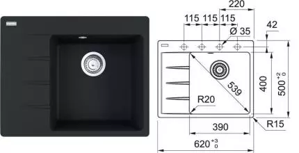 Мойка для кухни «Franke» Centro CNG 611/211-62 TL 62/50 114.0639.705 искусственный камень чёрный матовый левая
