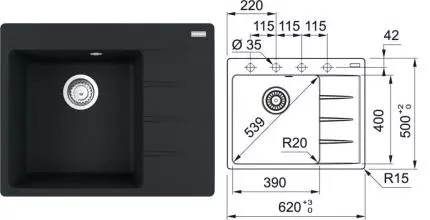 Мойка для кухни «Franke» Centro CNG 611/211-62 TL 62/50 114.0639.712 искусственный камень чёрный матовый правая