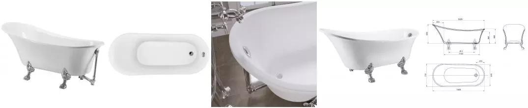 Ванна акриловая «Grossman» GR-1002 Retro 162/71 с ножками с сифоном белая/хром