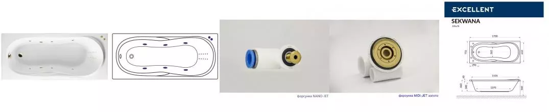 Гидромассажная ванна акриловая «Excellent» Sekwana 170/75 Line Nano с каркасом с сифоном белая/золото Гидромассажная ванна акриловая «Excellent» Sekwana 170/75 Line Nano с каркасом с сифоном белая/золото