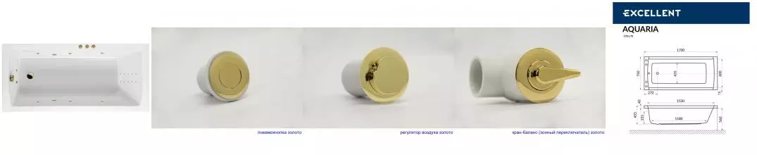 Гидромассажная ванна акриловая «Excellent» Aquaria 170/75 Smart Nano с каркасом с сифоном белая/золото