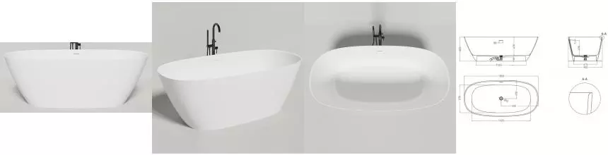 Ванна из литьевого мрамора «Salini» Sofia 185/90 S-Sense с сифоном белая глянцевая