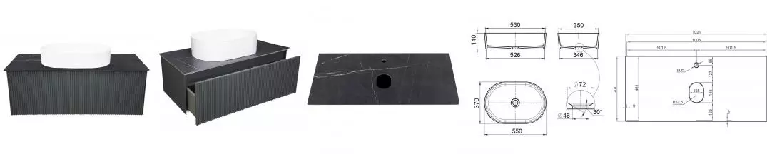 Тумба с раковиной «La Fenice» Terra 100 (Senso 55/37) подвесная Grigio столешница Granite Black Olive Light Lappato