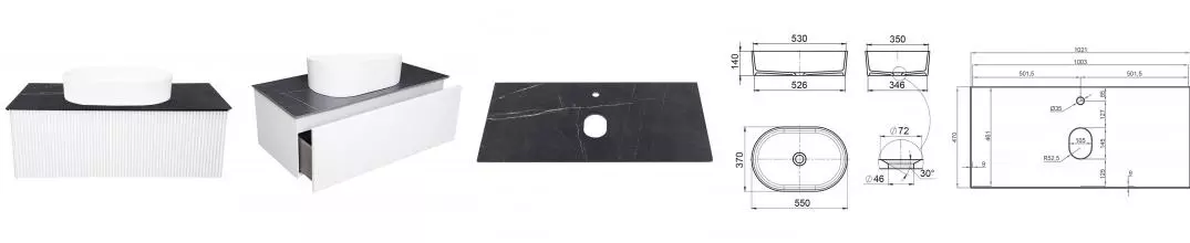 Тумба с раковиной «La Fenice» Terra 100 (Senso 55/37) подвесная Bianca столешница Granite Black Olive Light Lappato