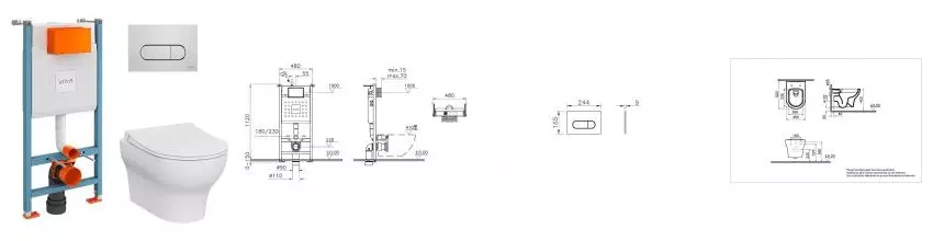 Комплект инсталляция с унитазом, крышкой и кнопкой смыва «Vitra» Zentrum Round 9879B003-7200 безободковый белый