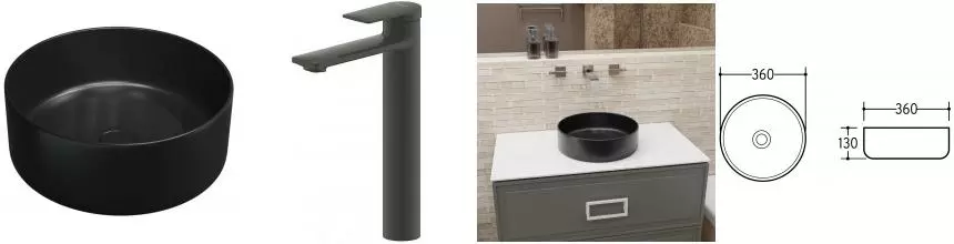 Раковина «Charus» Teolo, Bravat Eddie 36/36 со смесителем чёрным фаянсовая чёрная матовая
