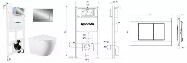 Комплект инсталляция с унитазом, крышкой и кнопкой смыва «Charus» SET.121W.21.1 безободковый белый