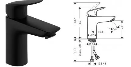 Смеситель для раковины «Hansgrohe» Logis 71107670 с донным клапаном чёрный матовый