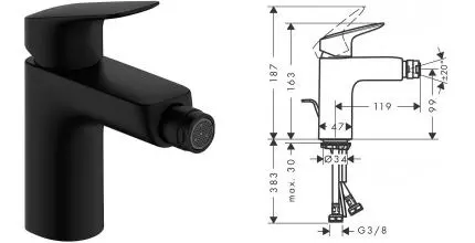 Смеситель для биде «Hansgrohe» Logis 71200670 с донным клапаном чёрный матовый