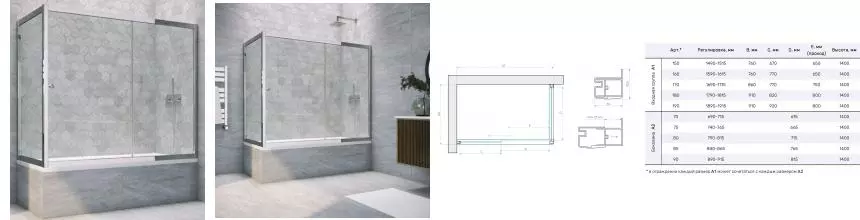 Шторка на ванну стеклянная «Vegas Glass» ZV+ZVF Tur Novo 150/75 Crystal vision/хром глянцевый универсальная