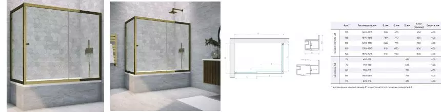 Шторка на ванну стеклянная «Vegas Glass» ZV+ZVF Tur Novo 150/90 Crystal vision/бронза универсальная