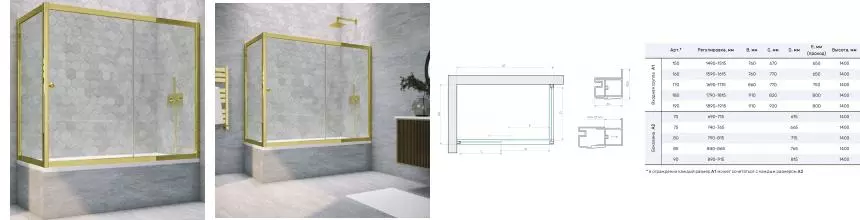 Шторка на ванну стеклянная «Vegas Glass» ZV+ZVF Tur Novo 160/75 Crystal vision/золото глянцевое универсальная