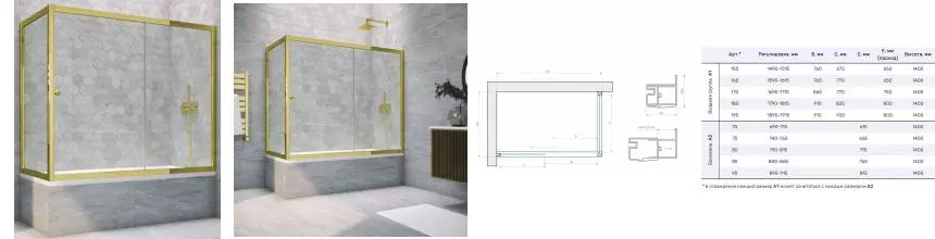 Шторка на ванну стеклянная «Vegas Glass» ZV+ZVF Tur Novo 160/90 Crystal vision/золото глянцевое универсальная