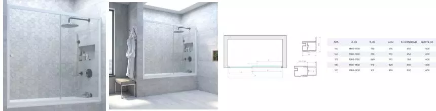 Шторка на ванну стеклянная «Vegas Glass» ZV Novo 160/140 Crystal vision/белая универсальная
