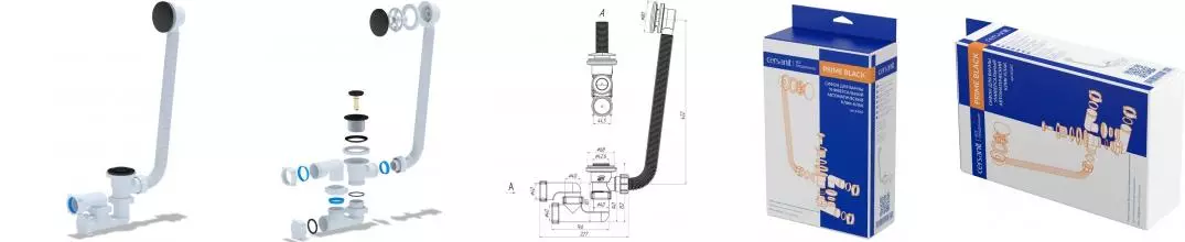 Сифон для ванны слив-перелив «Cersanit» Prime Black A64287 перелив 58 см чёрный Клик-клак